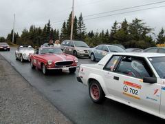 At the start of Stage 1 - The ex-Heinonen Celica, the Volvo P1800 and the Healey 100S.